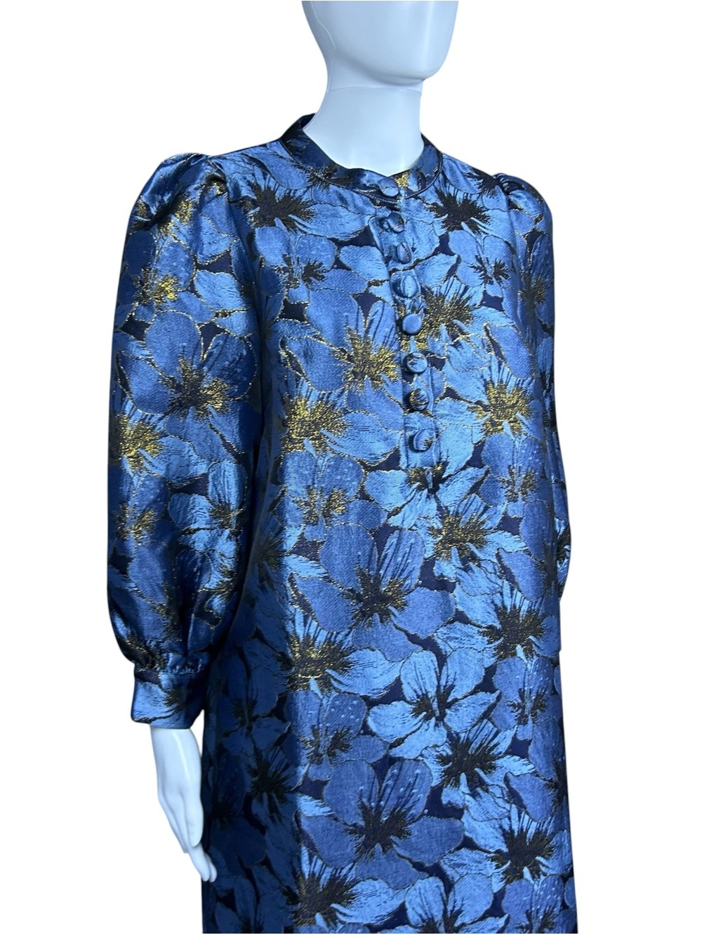Pomander Place Tuckernuck Samantha Dress M Blue Gold Floral Jacquard Textured - Picture 4 of 16